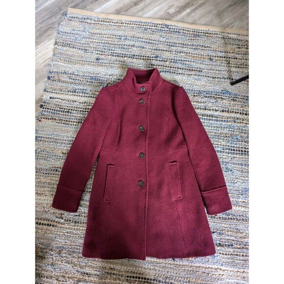 Loft Burgundy Funnel Neck Coat Jacket 4 Ribbed Lined Wool Blend Long Line - Picture 2 of 7